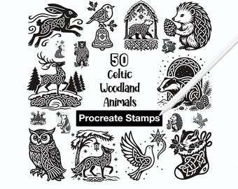 50 timbri invernali celtici per Procreate: animali del bosco, pennelli con nodi (download digitale)