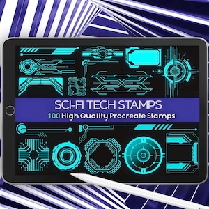 May include: A tablet screen displaying a collection of cyan-colored digital graphic elements and circuit board patterns. The text on the screen reads SCI-FI TECH STAMPS and 100 High Quality Procreate Stamps. A white stylus rests across the bottom edge.