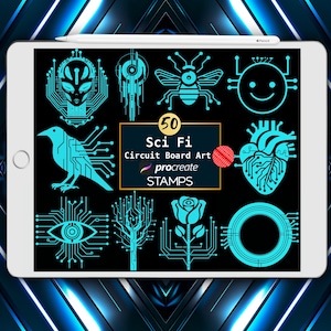 May include: A set of 50 digital stamps featuring sci-fi themed circuit board art designs. The stamps are designed for use with the Procreate app. The designs include a robot, a bee, a heart, a rose, a tree, an eye, a crow, a smiley face, and a circle.