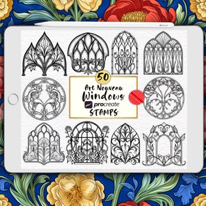 Puede incluir: Un conjunto de 50 sellos de ventanas Art Nouveau en blanco y negro para Procreate. Los sellos presentan diseños intrincados con motivos florales y geométricos.