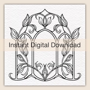 May include: A black and white line art illustration featuring a central arched frame surrounded by stylized botanical vines and leaves. The design includes the text Instant Digital Download overlaid across the center of the graphic image.