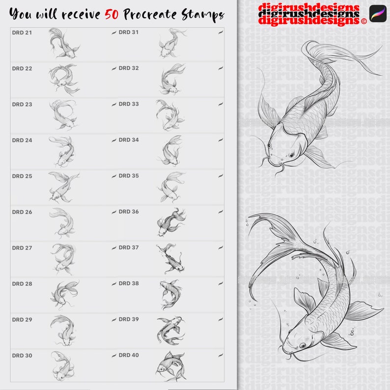Procreate Koi Fish Tutorial 50 Koi Fish Procreate Stamps: Japanese Carp Line Art (digital Brush Set ...