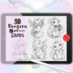 Dragon Procreate Stamps, Cute Kawaii Procreate Brushes, Cartoon Dragons Tattoo Stamps, Dragon Line Art, Baby Dragon, Fantasy Chibi Dragon
