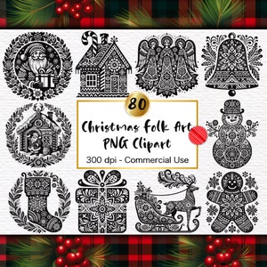 Art folklorique de Noël Clipart art folklorique nordique en téléchargement numérique Bundle de cliparts festifs hiver Art folklorique scandinave Noël PNG imprimable noir