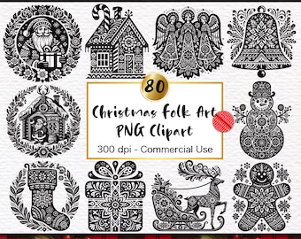 80 Christmas Folk Art Clipart: Nordic Festive Winter Elements (PNG Digital Download)