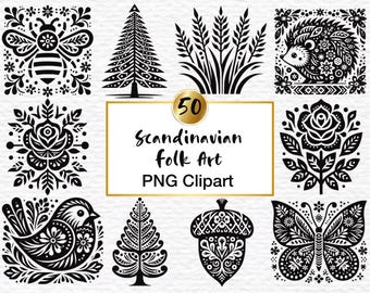 50 Scandinavian Folk Art Clipart: Nordic Flowers & Animals (Digital Download)