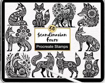50 Scandinavian Fox Procreate Stamps: Animal Folk Art (Digital Brush Set)