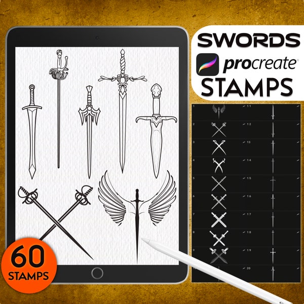 Procreate Swords Stamps, Swords & Daggers Brushes, Fantasy, Medieval, Machete, Samurai Sword, Sword Outlines, Sword Silhouettes, Tattoo