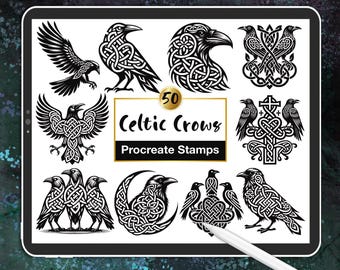50 Celtic Crow Procreate Stamps: Viking Knotwork Raven PNGs (Digital Brush Stamps)