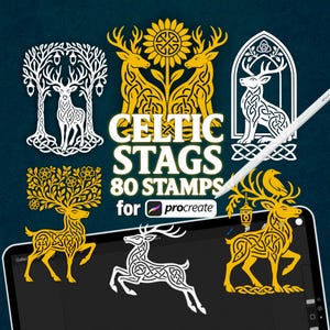 Peut inclure: Tampons d'art numérique représentant des cerfs celtiques en blanc et or. L'image comprend le texte "CELTIC STAGS 80 STAMPS for Procreate" et une tablette numérique avec un stylet.