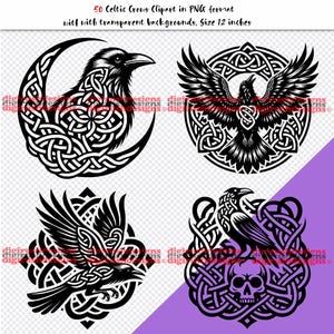 May include: A digital collection of 50 Celtic crow clipart designs in PNG format, each 12 inches in size. The black and white illustrations feature crows integrated with intricate knotwork patterns, including a crescent moon and a skull motif.