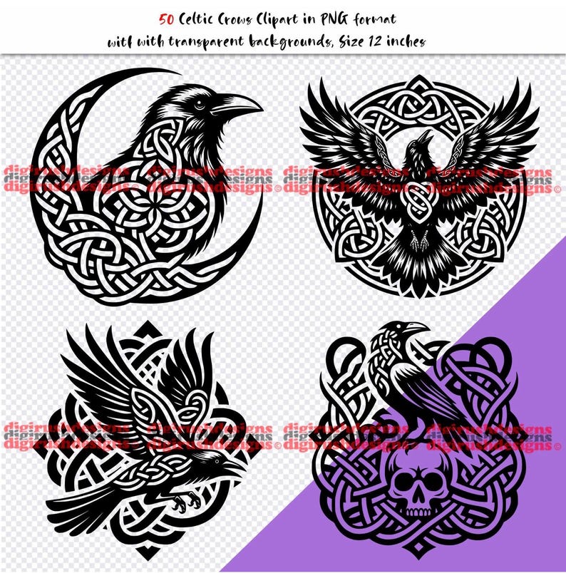 May include: A digital collection of 50 Celtic crow clipart designs in PNG format, each 12 inches in size. The black and white illustrations feature crows integrated with intricate knotwork patterns, including a crescent moon and a skull motif.