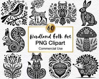 60 Scandinavian Woodland Folk Art Clipart: Nordic Floral Animals (PNG Digital Download)