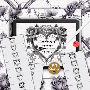 May include: A set of 40 digital stamps for Procreate featuring black and white illustrations of roses and hearts. The text "Rose Heart frames procreate STAMPS" is displayed on the image.