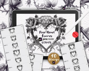 Procreate Rose Heart Frame Stamps Baroque Gothic Digital Brushes for Valentines Day and Wedding Invitations Romantic Procreate Tattoo Stamps