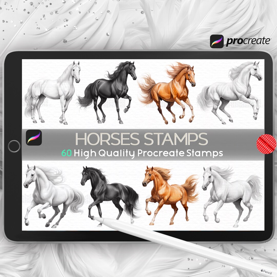 Procreate Horse Stamps, Horses Procreate Brushes, Equestrian Stamps, Horse Tattoo Stamps, White
