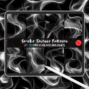 Puede incluir: Una ilustración digital de 50 pinceles de Procreate para crear patrones de textura de humo. La imagen muestra una colección de patrones de humo blanco sobre un fondo negro.