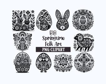 Puede incluir: Una colección de ilustraciones de arte popular en blanco y negro con conejos, un huevo, una corona, un ángel, un cordero, una cesta de huevos, un pájaro, una flor y una cruz. El texto 50 Springtime Folk Art PNG CLIPART está en el centro.