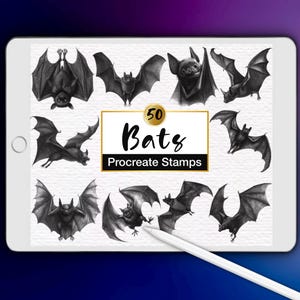 May include: A digital tablet displaying a collection of 50 black and white bat illustrations for Procreate stamps. The screen features various bat poses, including hanging, flying, and perched positions, with the text 50 Bats Procreate Stamps.