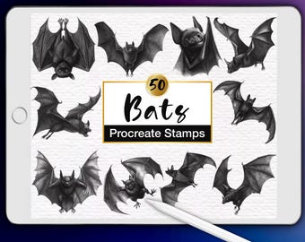 50 Bat Procreate-stämplar: Gotiska, tatuering, djurmönster (digitalt penselset)