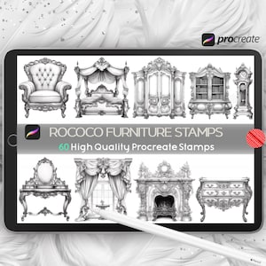 Procreate Möbelstempel, Rokoko-Möbelbürsten, Rokoko-Fenster, Betten, Spiegel, Stühle, Bücherregal, Uhren, Tische, Musterbürsten