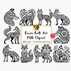 Volpi Arte Popolare Nordica Clipart PNG Grafica - Animali Arte Popolare Scandinava - Silhouette Volpe Floreale Folklore Nordico - Download Digitale Volpe