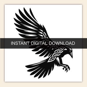 May include: A black and white graphic illustration of a raven in flight with intricate Celtic knotwork patterns integrated into its wing and body feathers. A horizontal black bar across the center contains the text INSTANT DIGITAL DOWNLOAD.