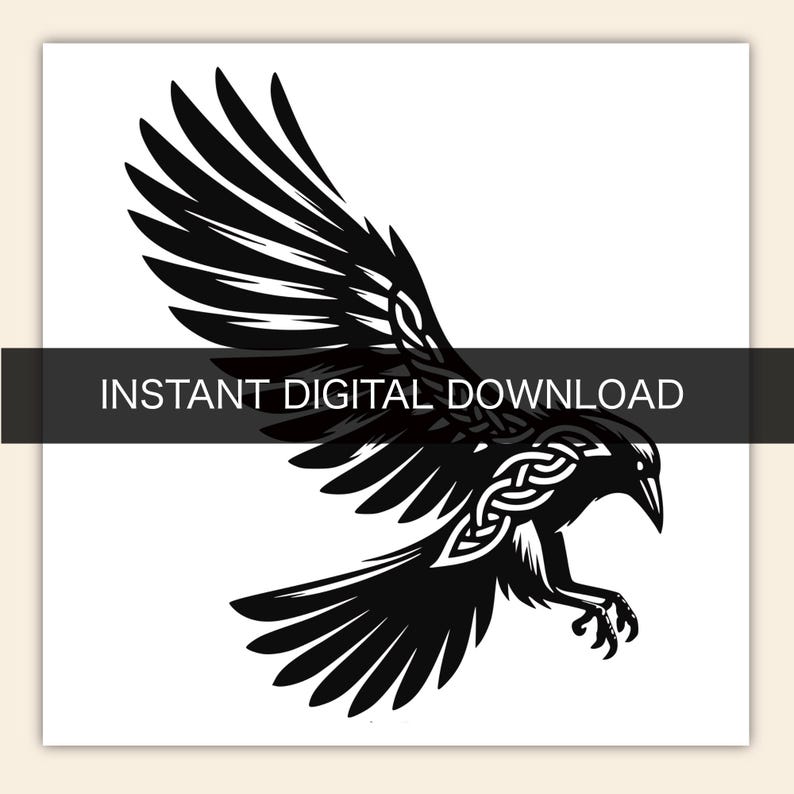 May include: A black and white graphic illustration of a raven in flight with intricate Celtic knotwork patterns integrated into its wing and body feathers. A horizontal black bar across the center contains the text INSTANT DIGITAL DOWNLOAD.