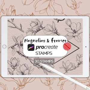 Procreate Magnolias Brushes, Magnolia Stamps, Floral Frames, Flowers, Line Art, Hand drawn Style Wedding Foliage Flower Brushes, Borders