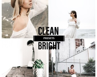 May include: A collage featuring four lifestyle images with a clean, bright aesthetic. The text "CLEAN" and "BRIGHT" is displayed in bold, black font. The images include a woman in a white dress, a woman in a white top and hat, a plant in a geometric pot, and a man in white pants.