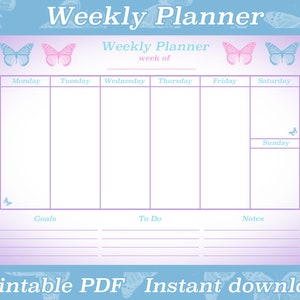 Butterfly Weekly Planner Printable, Weekly To Do List, Desk Planner, Weekly Planner Printable PDF, Weekly Schedule, Weekly Organizer, A4/A3