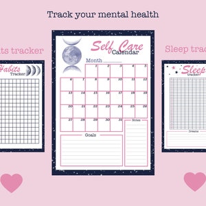 K&ouml;nnte beinhalten: Ein druckbarer Selbstpflege-Kalender mit Mond- und Sternen-Design. Der Kalender enth&auml;lt einen Bereich f&uuml;r Ziele, Notizen und einen monatlichen Tracker. Es gibt auch druckbare Habit- und Schlaf-Tracker mit Mond- und Sternen-Designs.