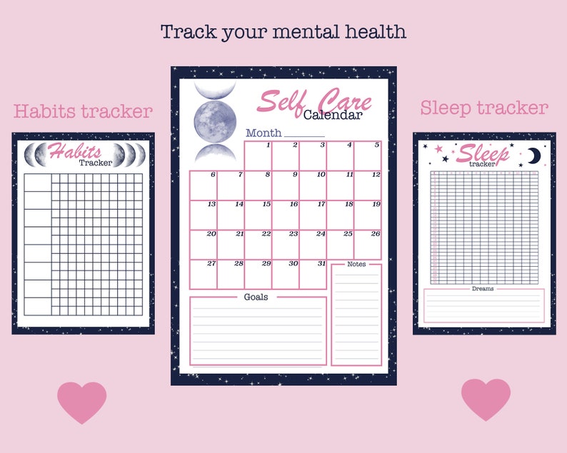 K&ouml;nnte beinhalten: Ein druckbarer Selbstpflege-Kalender mit Mond- und Sternen-Design. Der Kalender enth&auml;lt einen Bereich f&uuml;r Ziele, Notizen und einen monatlichen Tracker. Es gibt auch druckbare Habit- und Schlaf-Tracker mit Mond- und Sternen-Designs.