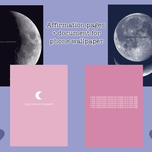 K&ouml;nnte beinhalten: Drei rosa Affirmationskarten mit einer Mondsichelgrafik und positiven Affirmationen. Die Karten zeigen den Text "Ich bin mein eigener Superheld", "Ich bin stolz auf mich" und "Ich bin unaufhaltsam".