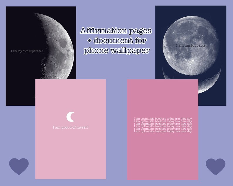 K&ouml;nnte beinhalten: Drei rosa Affirmationskarten mit einer Mondsichelgrafik und positiven Affirmationen. Die Karten zeigen den Text "Ich bin mein eigener Superheld", "Ich bin stolz auf mich" und "Ich bin unaufhaltsam".