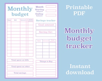 May include: Printable monthly budget tracker PDF with sections for bills, savings, and things to buy. The tracker has a pink and purple color scheme.