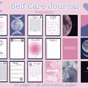 K&ouml;nnte beinhalten: Ein druckbares Selbstpflege-Tagebuch mit Mond- und Sternen-Motiv. Das Tagebuch enth&auml;lt Seiten f&uuml;r Checklisten, Stimmungsaufzeichnung, Notizen, Balance, To-Do-Listen, Gewohnheiten, w&ouml;chentliche Reflexion und einen Selbstpflege-Kalender. Es gibt auch 12 Affirmationsseiten.