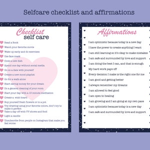 K&ouml;nnte beinhalten: Ein rosa-wei&szlig;er Checklisten- und Affirmationsdruck mit einem Herzdesign. Die Checkliste enth&auml;lt Punkte wie "Ein Buch lesen", "Seinen Lieblingsfilm ansehen" und "Alleine spazieren gehen". Die Affirmationen beinhalten Aussagen wie "Ich bin optimistisch, weil heute ein neuer Tag ist" und "Ich bin sicher und von Liebe und Unterst&uuml;tzung umgeben".