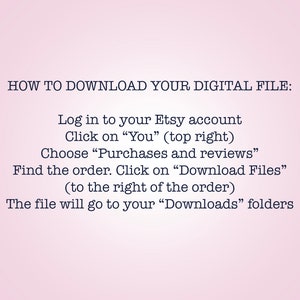 K&ouml;nnte beinhalten: Anleitung zum Herunterladen einer digitalen Datei von Etsy. Der Text erkl&auml;rt, wie Sie sich in Ihrem Etsy-Konto anmelden, auf "Sie" klicken, "K&auml;ufe und Bewertungen" ausw&auml;hlen, die Bestellung finden, auf "Dateien herunterladen" klicken und die Datei in Ihren "Downloads"-Ordner gelangt.