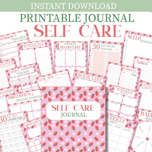 Op de afbeelding: Printbare zelfzorg-journal met een aardbei- en bloemenpatroon. Het journal bevat pagina's voor het bijhouden van slaap, waterinname, dagelijkse gewoontes, trainingen, maaltijden, budgetten en meer.