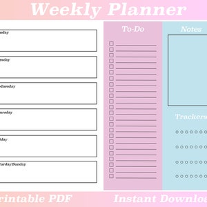 Weekly Planner Printable, Weekly To Do List, Desk Planner, Weekly Planner Printable PDF, Weekly Schedule, Weekly Organizer, A4/A3, Pink Blue