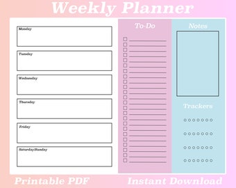 Weekly Planner Printable, Weekly To Do List, Desk Planner, Weekly Planner Printable PDF, Weekly Schedule, Weekly Organizer, A4/A3, Pink Blue
