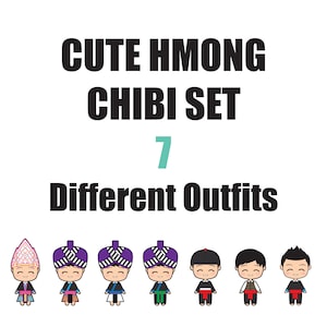Pacote digital fofo Hmong Chibi - Arquivo digital - PNG JPEG PDF - Hmong Chibi - Download digital - 7 caracteres