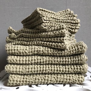 Olivgrünes Waffeltuch, Badehandtuch, Gesichtstuch, Waffelgewebe aus Naturleinen, umweltfreundliches neues Hausgeschenk