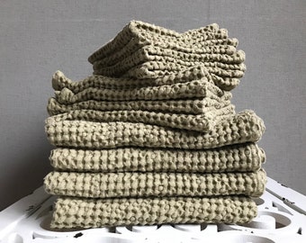 Olive green bath waffle towel, Hand gust face towel, Waffle weave natural linen, Eco friendly new house gift