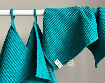 Face teal towel, Waffle weave cotton towel, Small fingertip hand towel, Forest green, SPA B&B organization, Eco friendly
