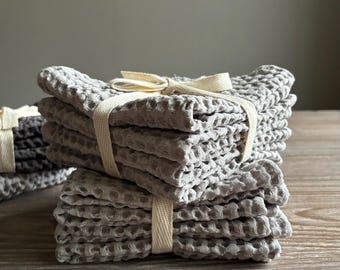 4 Linen waffle weave small towels, Face guest dish hand towel, Dark grey, Kitchen bathroom organization, Eco friendly