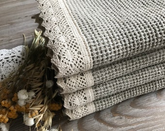 100% Linen hand guest bath towels with Lace, Waffle weave undyed natural Linen, Country farmhouse bathroom, Eco friendly