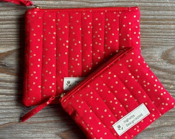 Quilted Zipper Pouch: Red Cotton with Gold Polka Dots