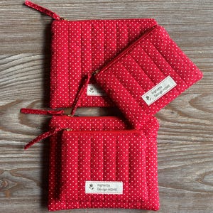 Quilted zipper pouch bag, Coins purse, Cotton red white polka dots print, Sustainable eco, Small accessories storage bag, Zip pouch